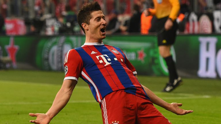 Robert Lewandowski celebrates after scoring for Bayern Munich