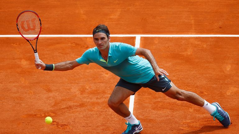 Roger Federer of Switzerland in action against Gael Monfils of France during day five of the Monte Carlo Rolex Masters 