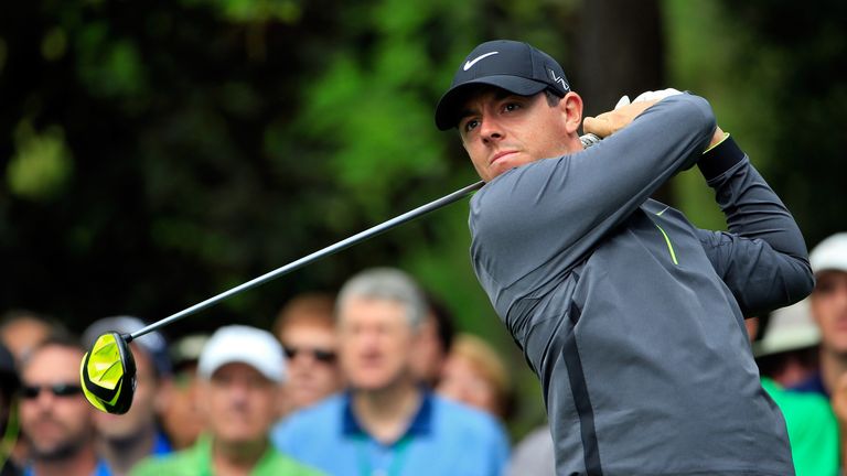 Rory McIlroy hits a tee shot during a practice round at Augusta