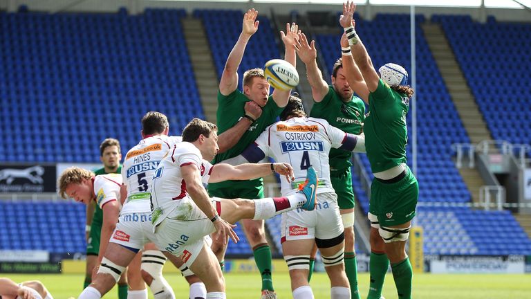 Chris Cusiter of Sale Sharks kicks clear under pressure v London Irish