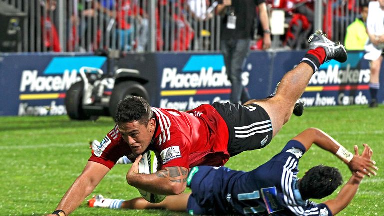 Codie Taylor crosses for the Crusaders' bonus-point try in Christchurch