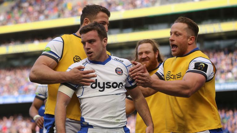Bath fly-half George Ford is congratulated after scoring his try v Leinster