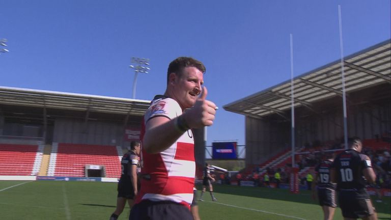 Leigh Centurions celebrate their stunning Challenge Cup win over Saford