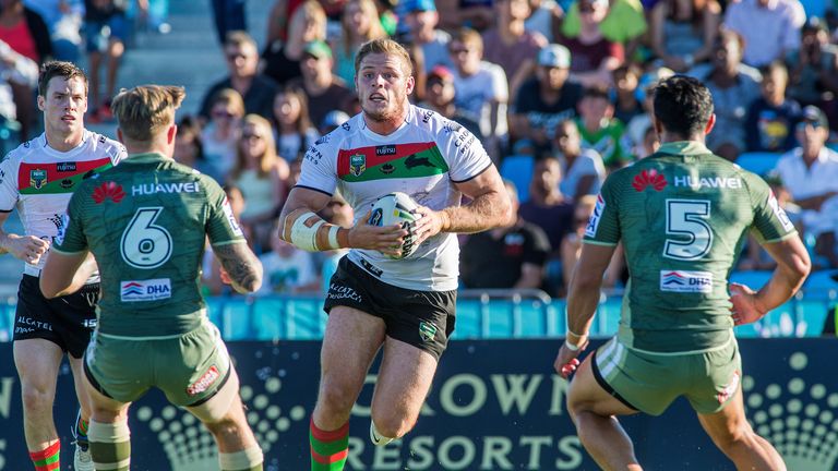 Tom Burgess of South Sydney Rabbitohs in action against the Canberra Raiders