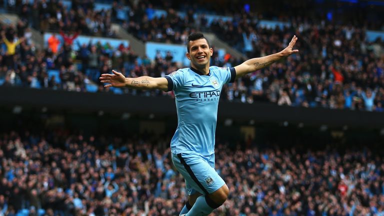 Sergio Aguero goal celeb, Manchester City v Aston Villa, Premier League