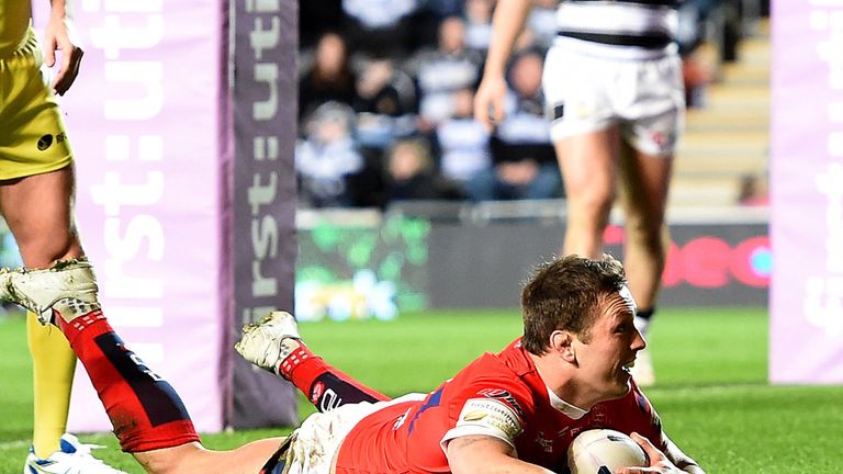 Hull Kingston Rovers' Shaun Lunt goes over for a try against Hull FC, during the First Utility Super League match at the KC Stadium, Hull.
