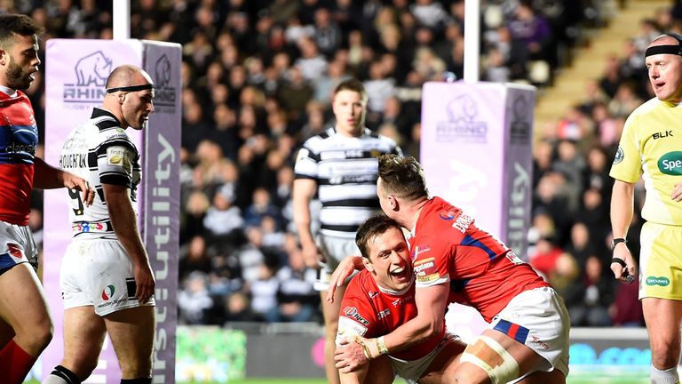 Hull Kingston Rovers' Shaun Lunt celebrates his try against Hull FC, during the First Utility Super League match at the KC Stadium, Hull.
