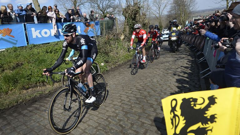 British Bradley Wiggins of Team Sky pictured in action on Oude Kwaremont during the 99th Tour of Flanders' one day cycling race