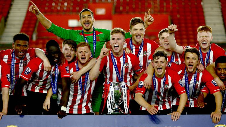 Southampton celebrate after winning the Under 21 Premier League Cup final against Blackburn