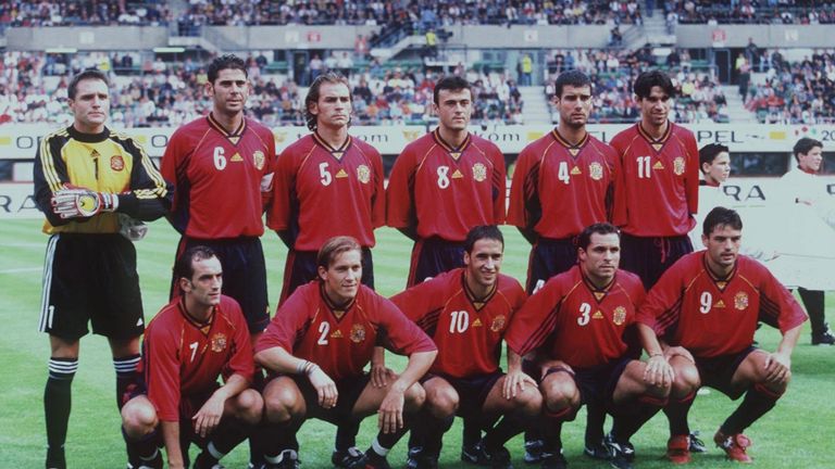Spain team v Austria in 1999: Canizares, Hierro, Paco, Luis Enrique, Guardiola, Valeron, Etxeberria, Salgado, Raul, Sergi, Morientes.