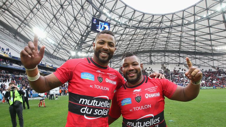 Delon Armitage (L) and Steffon Armitage of Toulon, celebrate after their victory during the European Rugby Champions Cup SF v Leinster