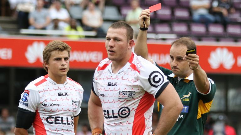 Referee Stuart Berry with a red card for  Jean Deysel (captain) of Sharks