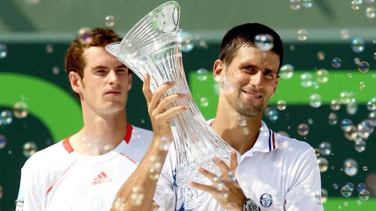 Novak Djokovic celebrates his win over Andy Murray during the final of the Sony Ericsson Open 2012