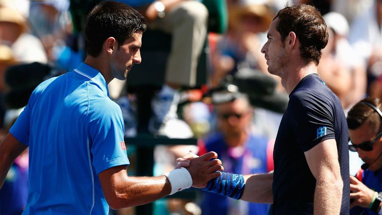 Novak Djokovic is congratulated by Andy Murray at the BNP Paribas Open at Indian Wells
