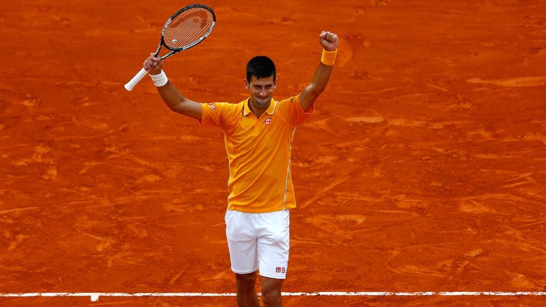 Novak Djokovic celebrates at match point to defeat Tomas Berdych in the Monte Carlo Masters final