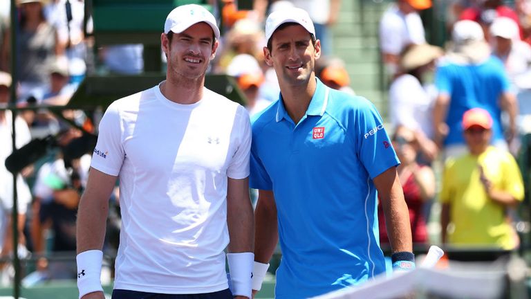 Andy Murray and Novak Djokovic pose for a photograph prior to the final during the Miami Open 2015
