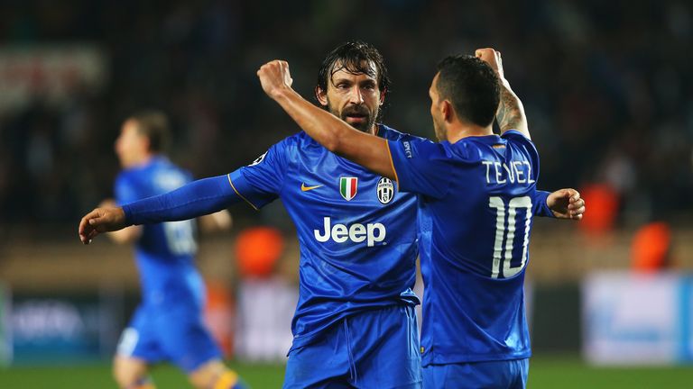 MONACO - APRIL 22:  Andrea Pirlo (L) and Carlos Tevez of Juventus celebrate at the final whistle during the UEFA Champions League quarter-final second leg 