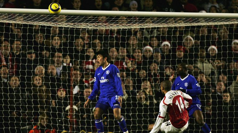Thierry Henry of Arsenal misses an easy chance at goal during the Barclays Premiership match between Arsenal and Chelsea at Highbury in December 2004