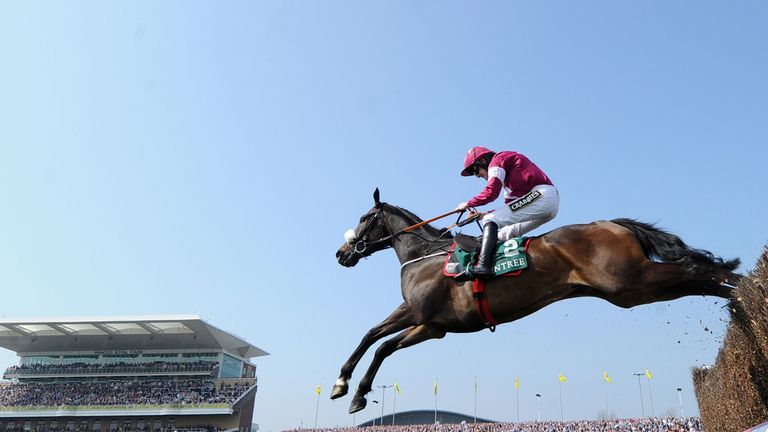 Clarcam ridden by Ruby Walsh clears the final fence to win The One Magnificent City Manifesto Novices' Steeple Chase,
