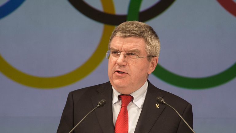 President of the International Olympic Committee Thomas Bach speaks to the media