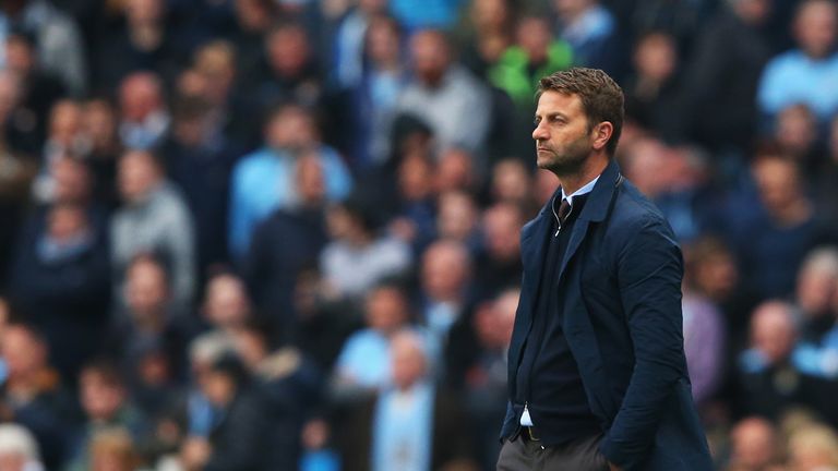 Tim Sherwood, manager of Aston Villa looks on during the Barclays Premier League match between Manchester City and Aston Villa