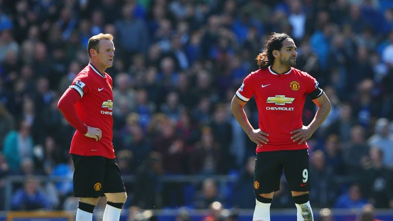 Radamel Falcao Garcia and Wayne Rooney of Manchester United on April 26, 2015 against Everton