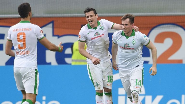 Franco di Santo, Zlatko Junuzovic and Izet Hajrovic celebrate Werder Bremen's second goal