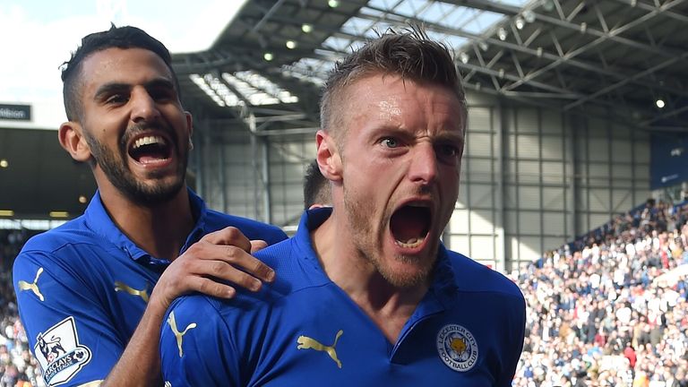 Jamie Vardy of Leicester City celebrates scoring their third goal with team mates during the match against West Brom