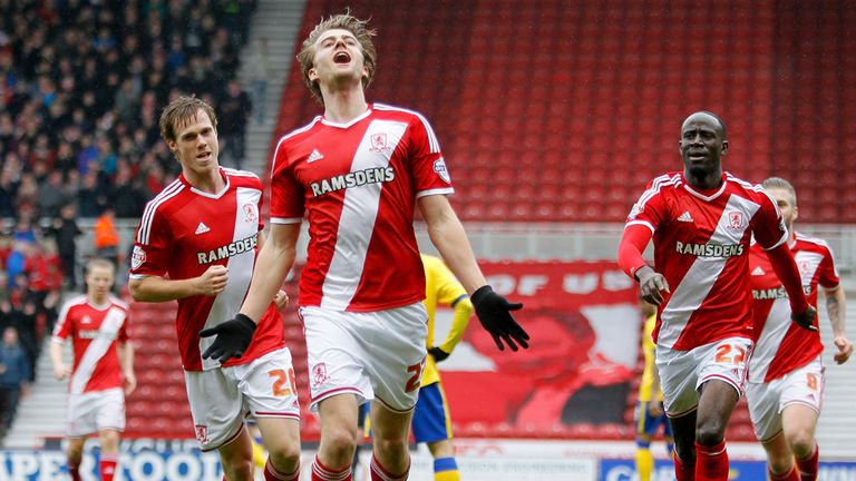 Middlesbrough's Patrick Bamford celebrates after scoring against Wigan