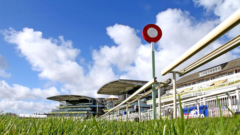 The winning post at Aintree Racecourse before the Crabbie's Grand National