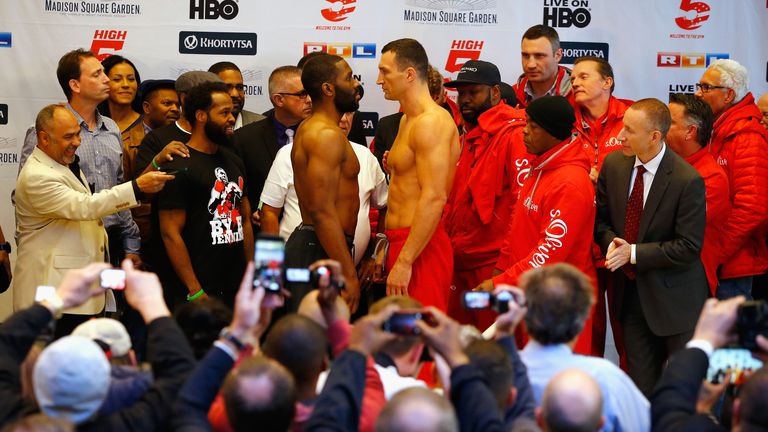 Wladimir Klitschko and Bryant Jennings square off during the weigh in at Madison Square Garden