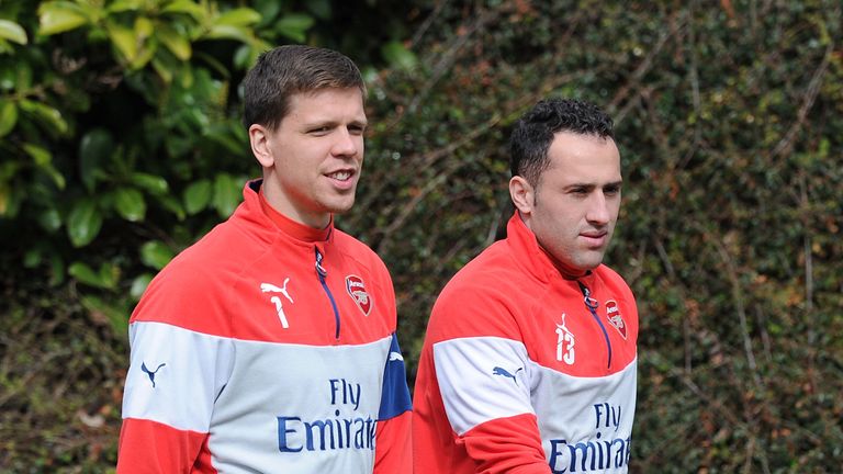 Wojciech Szczesny and David Ospina of Arsenal before a training session at London Colney on April 3, 2015 in St Albans, England.
