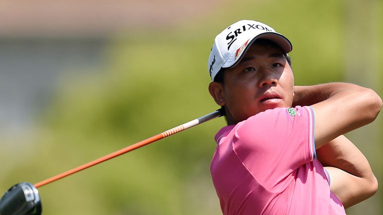Wu Ashun of China hits a shot during the final round of the Volvo China Open golf tournament in Shanghai on  April 26, 2015 