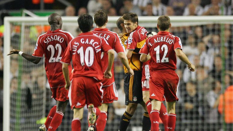 Liverpool's Xabi Alonso celebrates scoring a long range goal against Newcastle United during their English Premiership football match in 2006