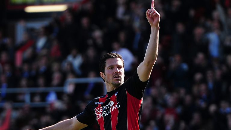  Yann Kermorgant of AFC Bournemouth celebrates after scoring his side's third goal from the penalty spot