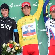 Chris Froome had to settle for third place behind Ilnur Zakarin, centre, and Simon Spilak, right