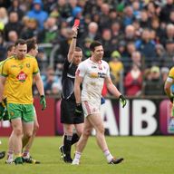 Tyrone captain Sean Cavanagh is given his marching orders by referee Joe McQuillan