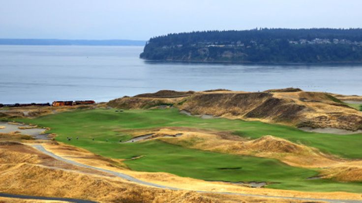 The 18th, 1st and 10th holes (L-R) at Chambers Bay