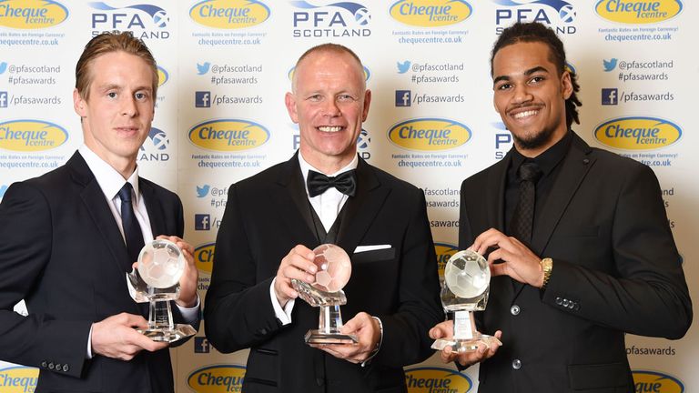 John Hughes, PFA Scotland Manager of the Year in between Celtic duo Stefan Johansen and Jason Denayer who lifted the players' awards