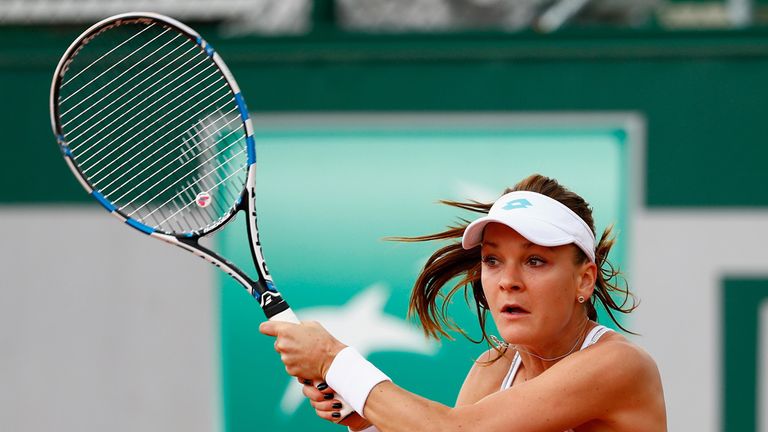 Agnieszka Radwanska of Poland in action in her Women's Singles match against  Annika Beck of Germany on day two of the 2015 French Open