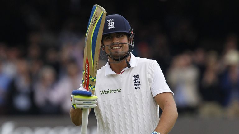 England captain Alastair Cook celebrates after reaching his century during the first Test v New Zealand at Lord's