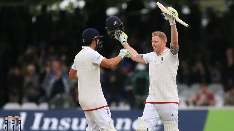 England's Ben Stokes (right) celebrates with Alastair Cook after reaching his century against New Zealand during day four of the first Investec Test Match 