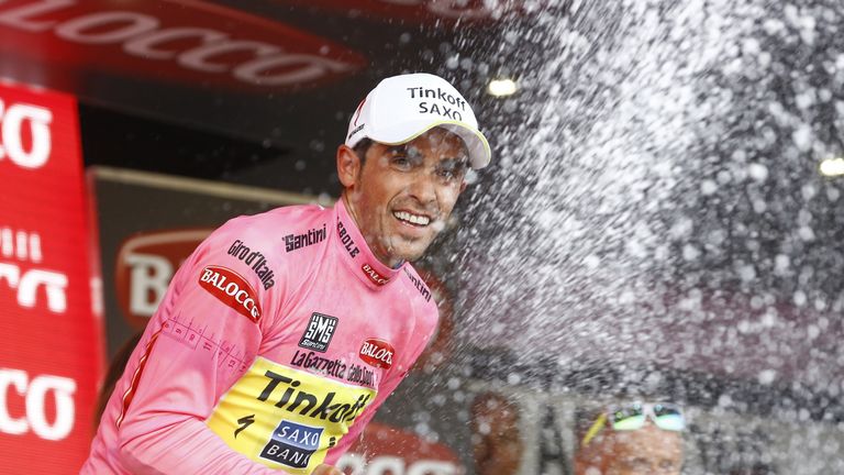 Alberto Contador of Spain celebrates the pink jersey of the overall leader after the 5th stage of the Giro d'Italia