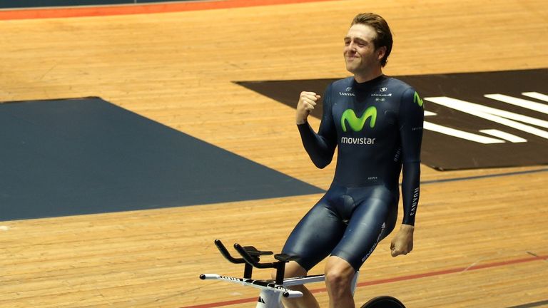 Alex Dowsett celebrates his new record after the Hour Record Attempt at the National Cycling Centre, Manchester.