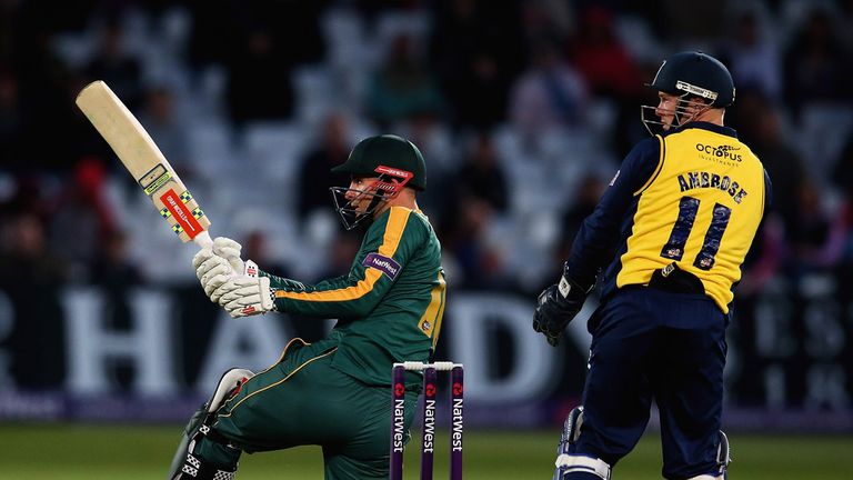 Alex Hales of Nottinghamshire hits the ball towards the boundary