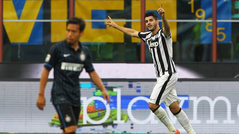Alvaro Morata of Juventus FC celebrates his goal during the Serie A match between FC Internazionale Milano and Juventus FC at Stadi
