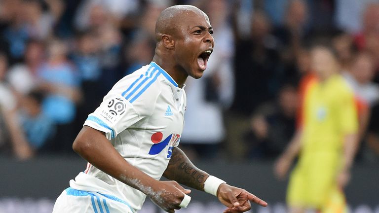 Marseille's Ghanaian forward Andre Ayew celebrates after scoring during the French L1 football match between Marseille and Monaco