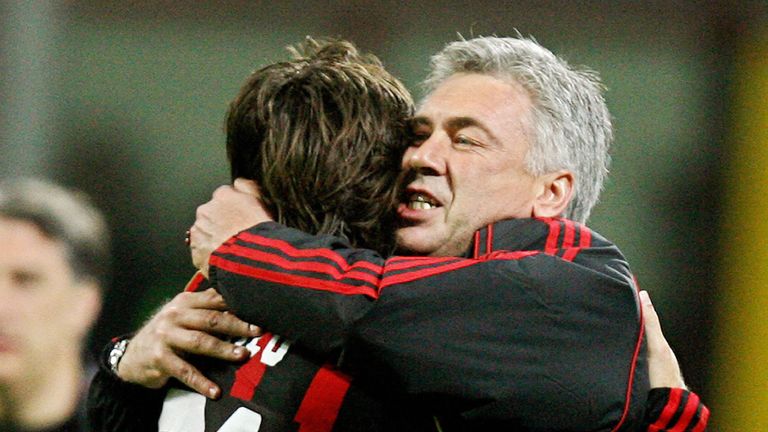 AC Milan's Andrea Pirlo is congratulated by his coach Carlo Ancelotti after scoring against Bayern Munich during their Champion League campaign in 2007
