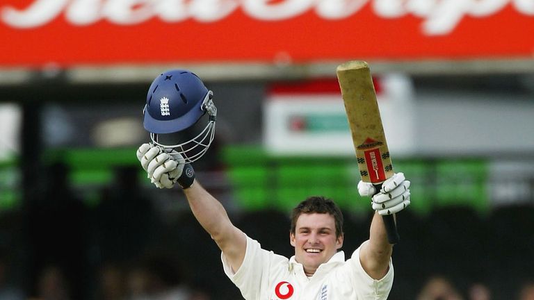 LONDON - MAY 21:  Andrew Strauss of England celebrates making a century during the second day of the first npower test match between England and New Zealan