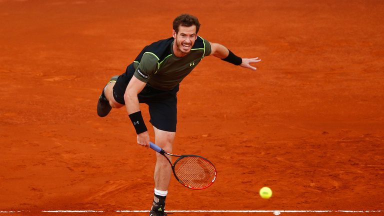 Andy Murray of Great Britain in action against Rafael Nadal of Spain in the final during day nine of the Mutua Madrid Open tennis 